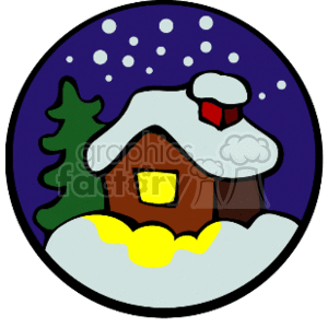 This is a colorful clipart image featuring a cozy winter scene. It depicts a small house with a red chimney enveloped in snow. The house has a warm light shining from the window, suggesting a cozy atmosphere inside. Next to the house stands a green pine tree, possibly hinting at a Christmas tree. It is snowing, and the sky is a deep, twilight purple, further emphasizing the winter holiday theme. The entire scene is enclosed within a circular frame.