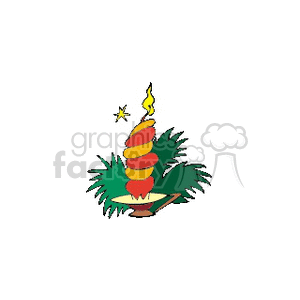 A clipart image of a festive candle with a swirling red and yellow design, surrounded by green pine branches, symbolizing Christmas and holiday decorations.