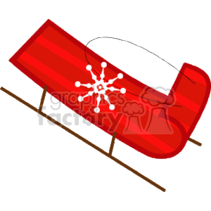 This clipart image depicts a red Christmas sleigh with a decorative white snowflake design on its side. The sleigh has a curved front and runners for gliding over snow, and it is designed in a simple, graphic style.