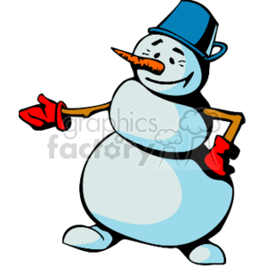 This clipart image depicts a cheerful snowman associated with the winter holiday season. The snowman has two main snowball sections for its body, with a smaller one for its head. There is a carrot serving as its nose, and it's adorned with a classic bucket hat on top. Its face is drawn with eyes and a smiling mouth, adding to its happy demeanor. Completing the look, the snowman sports red mittens or gloves on its stick arms.