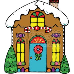 This clipart image features a festive, country-style gingerbread house associated with Christmas. The house is adorned with colorful candy decorations, icing, and frosting. Key elements include candy cane decorations, a frosted roof that suggests snow, windows with yellow panes resembling lit interiors, and two trees that appear to be decorated or made of candy.