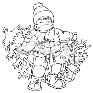 The image is a black and white clipart depicting a child bundled up in winter clothing, such as a hat, scarf, and boots. The kid is pulling a sled on which rests a large  Christmas tree. The child's face is partially obscured by the winter wear, and they seem prepared for cold weather activities.