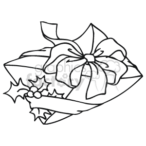 This clipart image depicts a collection of holiday-themed items typically associated with Christmas. There's an envelope, possibly containing a letter or card, which is indicative of the tradition of sending holiday greetings. A ribbon bow is prominently shown, suggesting it might be used for decoration or to wrap gifts. 