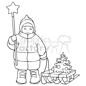 This clipart image features a child bundled up in winter clothing, holding a star-topped stick and standing next to a decorated Christmas tree that is placed on a sled. The child seems ready for a festive holiday activity, potentially preparing to transport the tree.