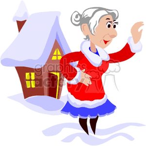 Clipart image of Mrs. Claus waving, standing in front of a snow-covered house at the North Pole.