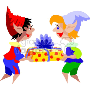 Two cheerful elves holding a large, wrapped Christmas gift.