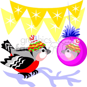 A festive clipart image featuring a bird in a colorful winter hat, perched on a branch. The bird is looking at its reflection in a pink Christmas ornament. Yellow starry banners are in the background.