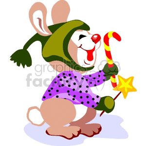 A festive rabbit wearing a green hat and purple polka dot sweater, holding a candy cane and a star wand, symbolizing Christmas cheer.