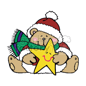 The image is a clipart illustration of a teddy bear wearing a Santa hat and a green and purple striped scarf. The bear is holding a smiling yellow star. The overall theme suggests a festive, holiday setting, likely representing Christmas.