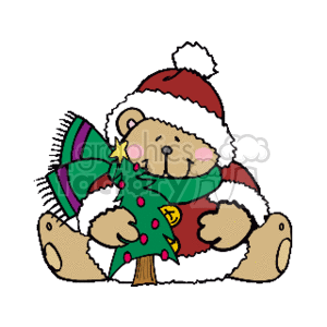 The image depicts a cute teddy bear wearing a Santa hat and a green scarf, hugging a decorated Christmas tree with stars and ornaments.