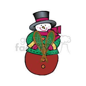 The image depicts a colorful clipart illustration of a happy snowman dressed in winter attire. The snowman is wearing a top hat, has a carrot for a nose, and is sporting a green jacket and a red scarf. The snowman also has snowshoes in its hands, presumably to traverse a snowy landscape. The snowman's round body suggests it is made out of snow, typical for this winter character often associated with the Christmas holiday season.