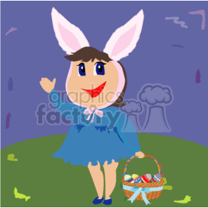 Little Girl with Bunny Ears Holding a Basket of Easter Eggs and Waving
