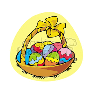 A colorful clipart image of a basket filled with Easter eggs, decorated with a large yellow bow.