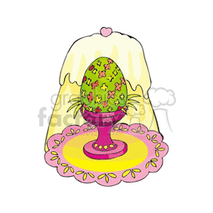 Colorful Easter egg in an ornate stand with decorated cake in the background.