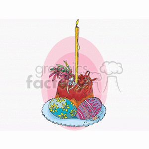 Illustrated Easter scene featuring a decorated cake with a candle and two colorful Easter eggs on a plate.