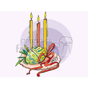 Clipart featuring decorated Easter eggs surrounded by three lit candles and adorned with ribbons and foliage.