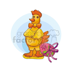 A colorful clipart image featuring a cartoon chicken dressed in a festive outfit with an Easter egg decorated with patterns and a bow nearby.