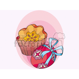 Clipart image of a decorated Easter egg with a bow next to a cupcake.