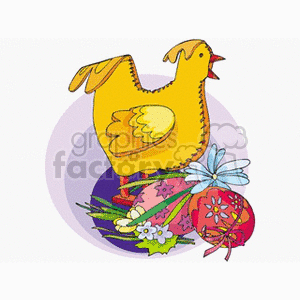 Easter Chicken with Colorful Eggs and Flowers