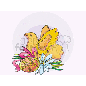 Clipart of a yellow dove with decorative Easter eggs, flowers, and ribbons.