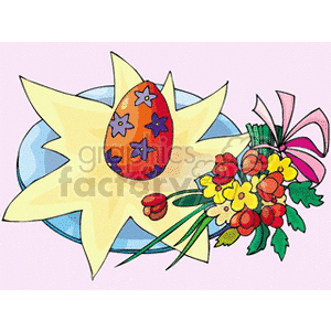 An Easter-themed clipart image featuring a decorated Easter egg with floral patterns, placed on a plate with a star-shaped napkin, alongside a colorful bouquet of flowers with a pink ribbon.