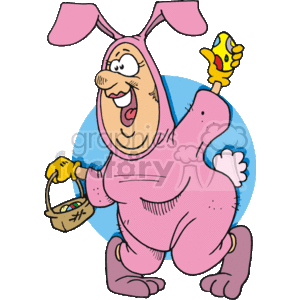 The clipart image depicts a cartoon character dressed in a pink Easter bunny costume, complete with long bunny ears and a fluffy tail. The character is smiling and appears to be in a joyful mood, holding up a decorated Easter egg in one hand while carrying a small basket filled with more colorful Easter eggs in the other hand. The character is standing in front of a simple blue circular background that contrasts with the pink of the costume.