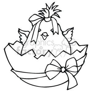 The clipart image shows a chick emerging from a cracked Easter egg. The eggshell is adorned with a ribbon tied in a bow. The chick appears to be wearing a bow on its head as well, suggesting a festive or celebratory theme associated with the Easter holiday.