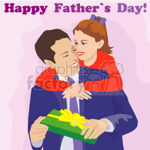 Clipart image of a father and daughter. The daughter is hugging the father from behind as he holds a gift, with the text 'Happy Father's Day!' above them.