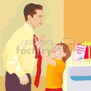 Clipart of a father and daughter celebrating Father's Day. The daughter is helping her dad with his tie, with a gift and card for Father's Day in the background.