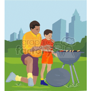 Illustration of a father and child grilling food at a barbecue in a park with a city skyline in the background.