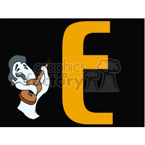 Clipart image of a cartoon ghost playing a guitar next to a large letter 'E' on a black background.