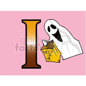 A Halloween-themed clipart image featuring a cheerful ghost holding a 'trick or treat' bag beside a large letter 'I' on a pink background.