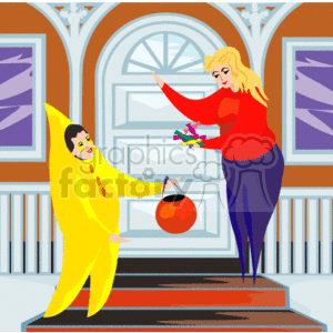 This image features a vibrant Halloween scene where a child dressed in a banana costume is trick-or-treating. The child is standing at the doorstep with an orange pumpkin-shaped candy basket extended, receiving candy from a smiling adult. The adult is standing in the doorway of a house with a tasteful entrance, including elegant windows and a large, decorative front door. The background suggests a festive atmosphere fitting for Halloween.