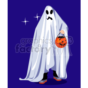   The clipart image depicts a cartoon ghost wearing a white sheet with eye holes and a sad expression. The ghost is holding a pumpkin basket with a jack-o