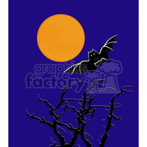 The clipart image depicts a Halloween theme with a large orange full moon in the background of a dark blue night sky. In the forefront, there is a cartoon-style black bat with outstretched wings. Below the bat, there are bare, twisted branches of a tree silhouetted against the night sky, contributing to the spooky atmosphere typical of Halloween imagery.