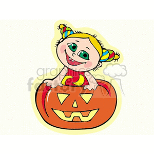 Cheerful Cartoon Girl with Halloween Pumpkin