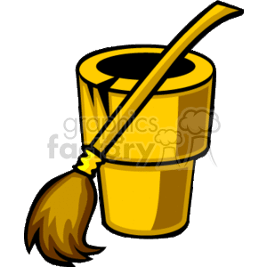 The clipart image depicts a yellow witch's broom leaning against a yellow cylindrical container that could represent a cauldron or a drum.