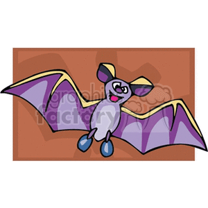 Clipart image of a cartoon-style bat with purple wings, set against a brown background, often associated with Halloween themes.