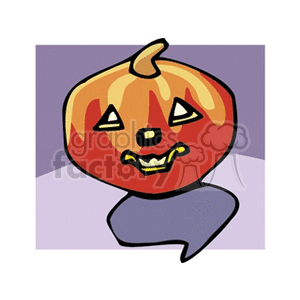 Cartoon jack-o'-lantern with a smiling face on a purple background.