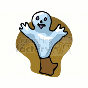 Clipart image of a cute cartoon ghost with a happy expression, set against a brown backdrop.