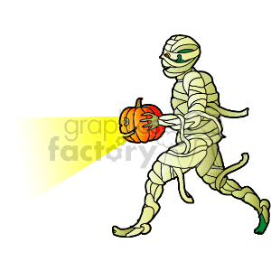 The clipart image features a character dressed as a mummy, carrying a pumpkin that appears to be carved into a jack-o'-lantern. The pumpkin is glowing or emitting light, similar to a flashlight, illuminating the area in front of the mummy. The mummy is depicted in a walking or sneaking pose, suggesting a playful or spooky theme associated with the Halloween holiday.