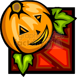   The image depicts a stylized Halloween pumpkin with a cheerful, carved face. The pumpkin is orange with light and dark accents to show dimension and has a simplified face with triangular eyes, a nose, and a smiling mouth with teeth. There