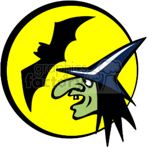 Halloween Witch and Bat Silhouette against Full Moon