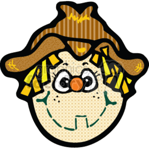   The image is of a cheerful, cartoon-style scarecrow