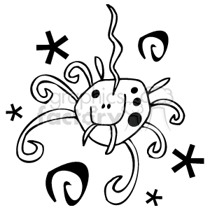 The clipart image shows a stylized spider with a notable happy face on its body. The spider has eight curvy legs spread outward in a spiral or whimsical manner. There are decorative elements around the spider such as swirls and star-like shapes, contributing to a playful or festive atmosphere. The design is monochromatic, likely intended for use in Halloween-themed materials.