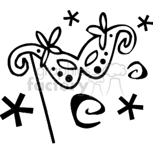 The clipart image shows a stylized masquerade mask with ornate details and a stick handle. It has a whimsical design with swirls and spots, and it gives off a festive or party vibe which could be associated with costumes or celebrations like Halloween.