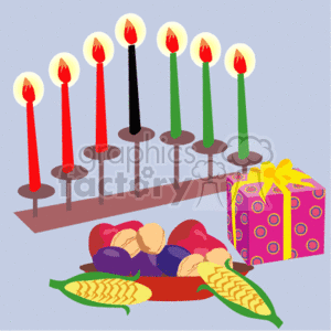 Kwanzaa Celebration with Kinara, Gift, and Harvest Fruits