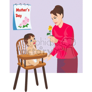 Clipart depicting a mother giving a yellow flower to her baby sitting in a high chair, with a Mother's Day calendar on the wall.