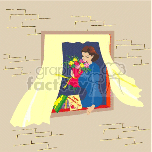 A clipart image of a mother holding a bouquet of flowers and a greeting card, viewed through a window with curtains.