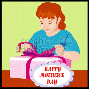 The clipart image depicts a woman opening a gift box with a card that says 'Happy Mother's Day'.